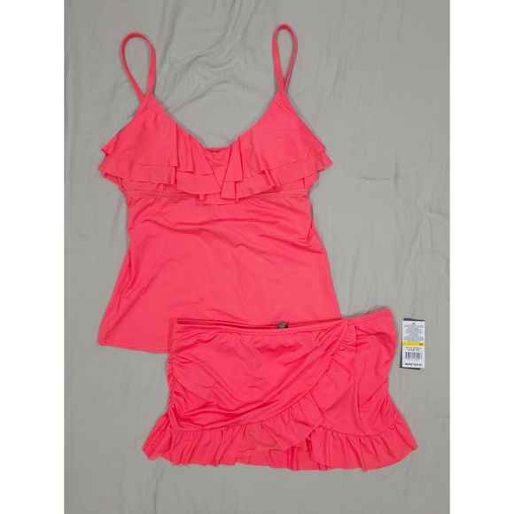 Kenneth Cole Reaction Coral Pink Swim 2 Piece with Ruffle Accents, Nwt, Size M - Picture 2 of 15